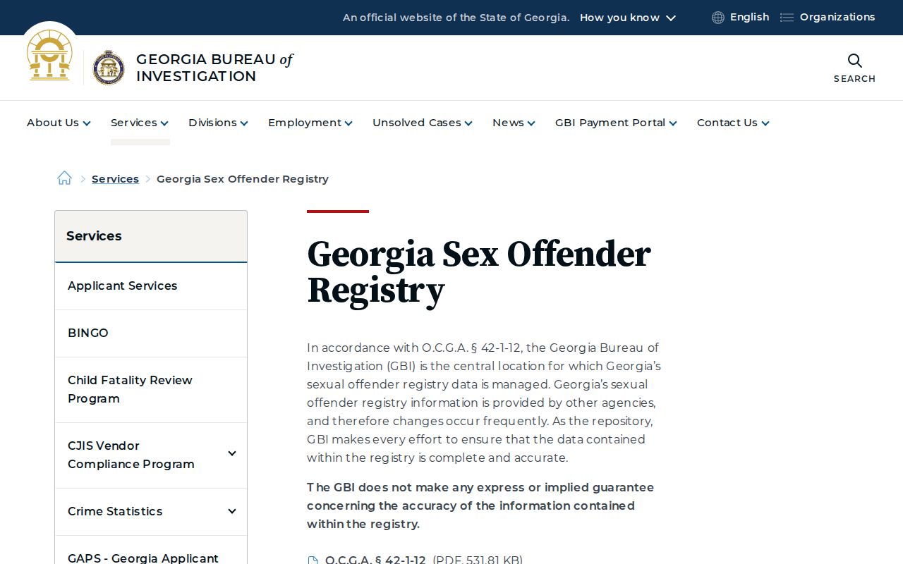 GBI Georgia Sex Offender Registry search page